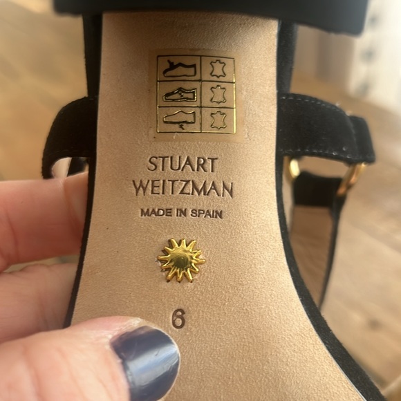 STUART WEITZMAN LATITA BLOCK HEEL SANDAL GOLD SQUARE BLACK 6 - Picture 4 of 7